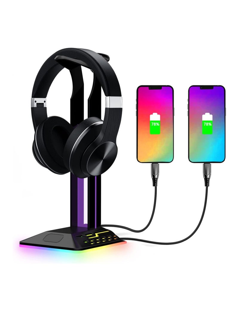 RGB Headphone Stand, Gaming Accessories Headset Stand with 2 USB and 1 Type-C Ports, Cool LED Headset Holder for PC Gamer Headphone Accessories for All Headphones (Black)