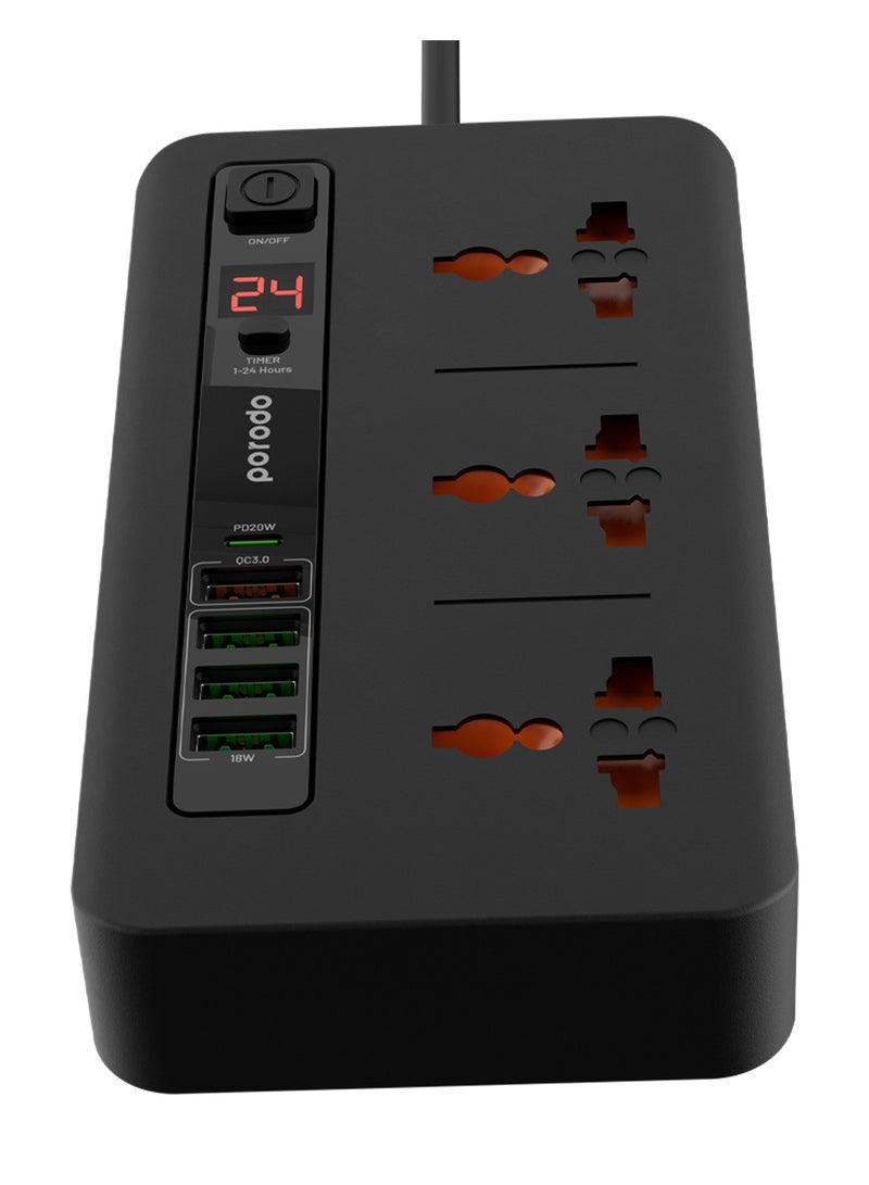 Multi-Port Power HUB 4 USB-A/USB-C Ultimate Home & Office Kit 2M, 3000 Watts AC Output, 18W USB QC3.0, 20W USB-C PD, 200cm Power Cord with Over-Heat Protection - Black