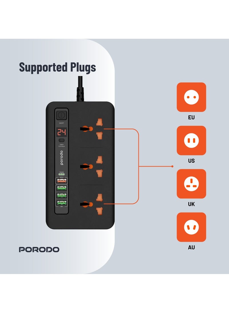 Multi-Port Power HUB 4 USB-A/USB-C Ultimate Home & Office Kit 2M, 3000 Watts AC Output, 18W USB QC3.0, 20W USB-C PD, 200cm Power Cord with Over-Heat Protection - Black