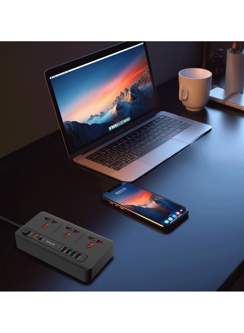 Multi-Port Power HUB 4 USB-A/USB-C Ultimate Home & Office Kit 2M, 3000 Watts AC Output, 18W USB QC3.0, 20W USB-C PD, 200cm Power Cord with Over-Heat Protection - Black