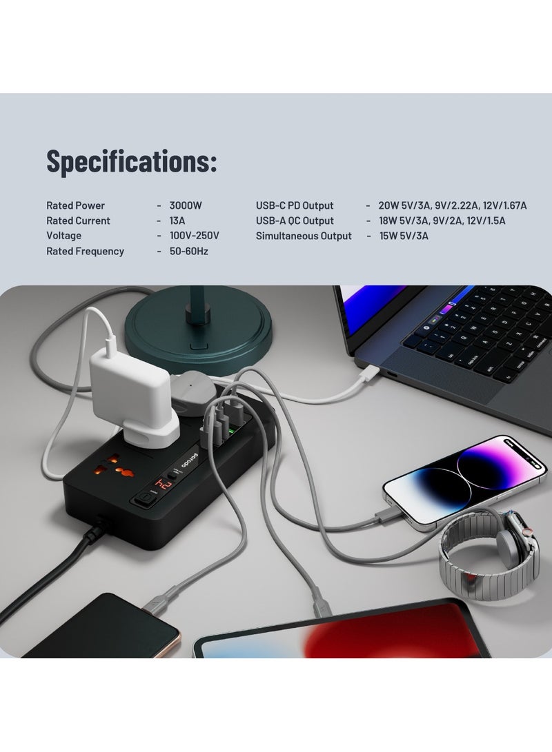 Multi-Port Power HUB 4 USB-A/USB-C Ultimate Home & Office Kit 2M, 3000 Watts AC Output, 18W USB QC3.0, 20W USB-C PD, 200cm Power Cord with Over-Heat Protection - Black