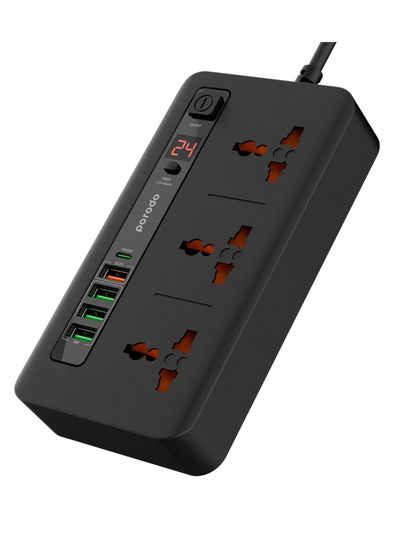 Multi-Port Power HUB 4 USB-A/USB-C Ultimate Home & Office Kit 2M, 3000 Watts AC Output, 18W USB QC3.0, 20W USB-C PD, 200cm Power Cord with Over-Heat Protection - Black