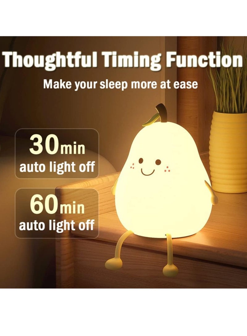 Pear- Shape Silicone Night Light, LED Night Light Colorful Light Color USB Charging Timed Automatic Shutdown Smile Pear-Shape Silicone Bedside Lamp Decoration for Baby, Kids, Teenagers Bedroom