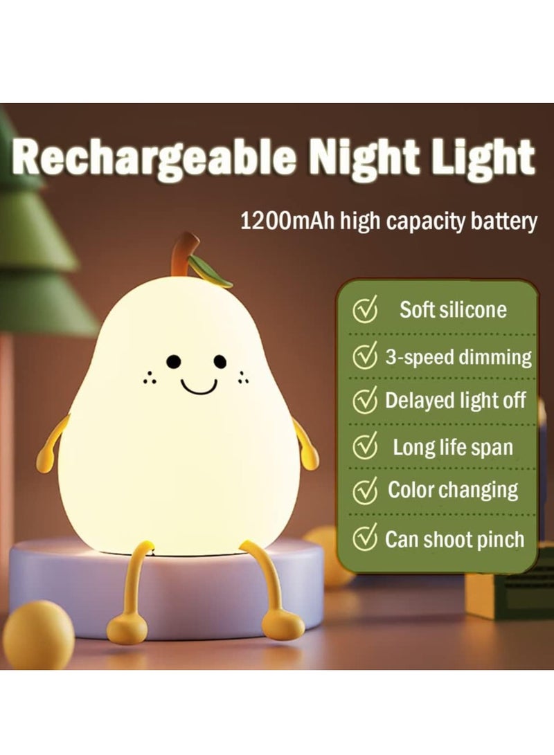 Pear- Shape Silicone Night Light, LED Night Light Colorful Light Color USB Charging Timed Automatic Shutdown Smile Pear-Shape Silicone Bedside Lamp Decoration for Baby, Kids, Teenagers Bedroom