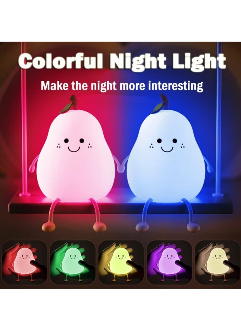 Pear- Shape Silicone Night Light, LED Night Light Colorful Light Color USB Charging Timed Automatic Shutdown Smile Pear-Shape Silicone Bedside Lamp Decoration for Baby, Kids, Teenagers Bedroom