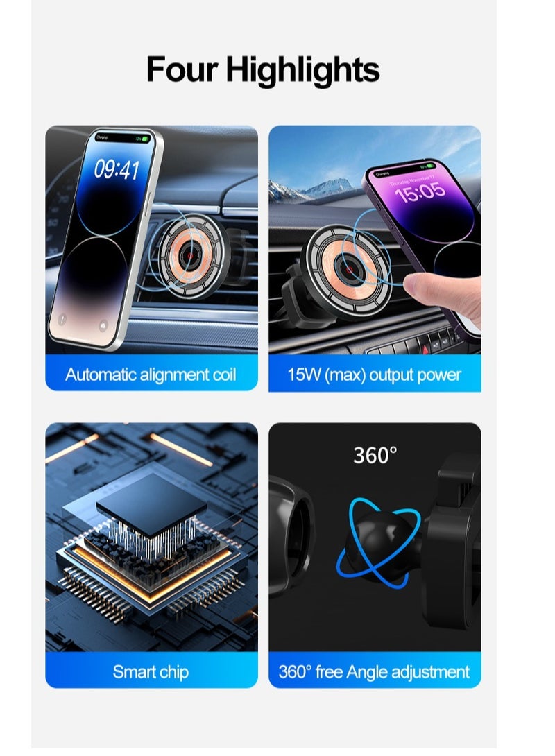 Magnetic Wireless Car Charger, Wireless Car Charger for iPhone, 15W Magnetic Pad Air Vent Holder