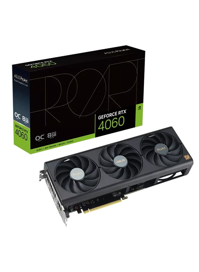 ProArt GeForce RTX 4060 OC Edition Graphics Card, 8GB GDDR6 128-bit Memory, 2550 MHz Boost Clock, 17 Gbps Memory Speed, 3072 CUDA Core, PCI Express 4.0, 1* HDMI 2.1a / 3* DisplayPort 1.4a | PROART-RTX4060-O8G Black