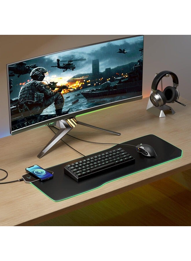 Wireless Charging RGB Gaming Mouse Pad, 32x12 Inches, 18W Charger, 7 LED Light Modes, Black