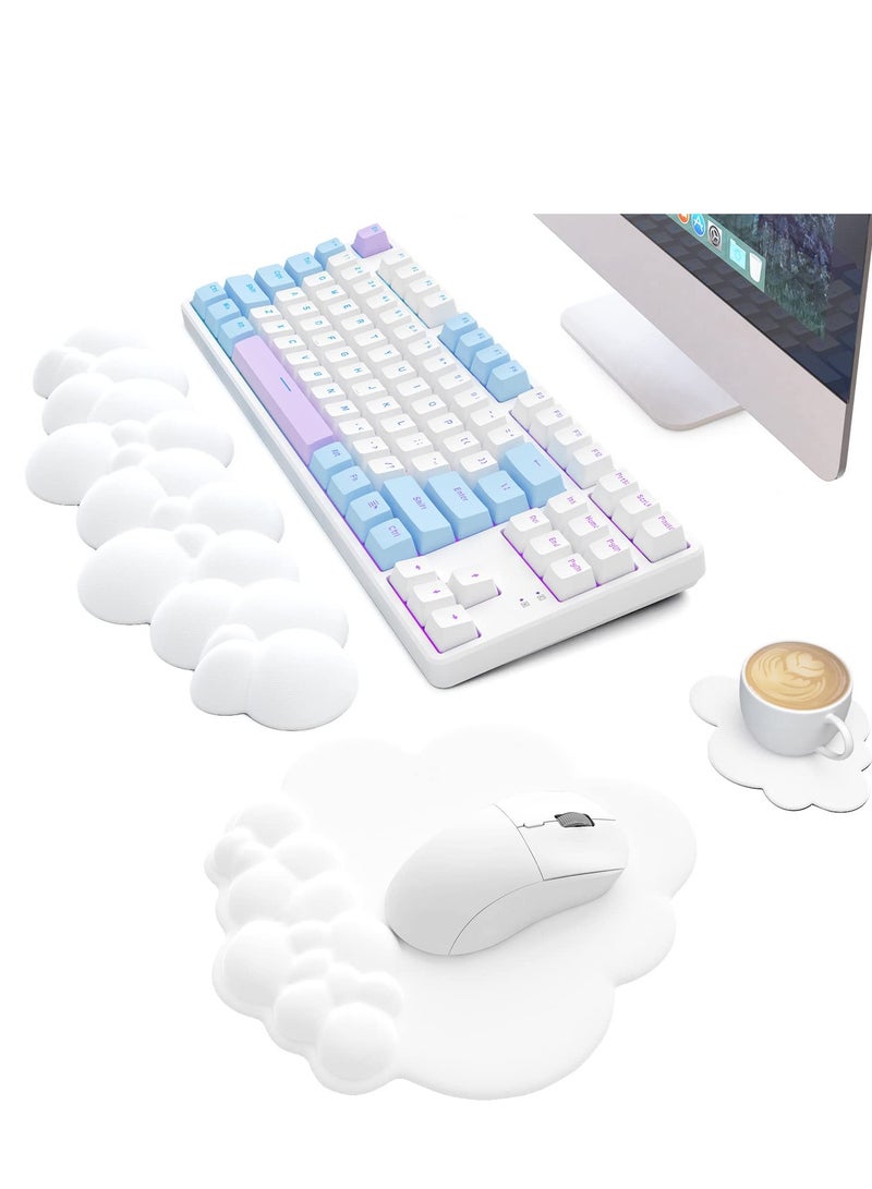 Cloud Mouse Pad Wrist Support Keyboard Wrist Rest Set with Ergonomic Memory Foam,Non-Slip Base,Cloud Coasters for Home,Office,Laptop,Desktop Computer,Easy Typing Pain Relief- White