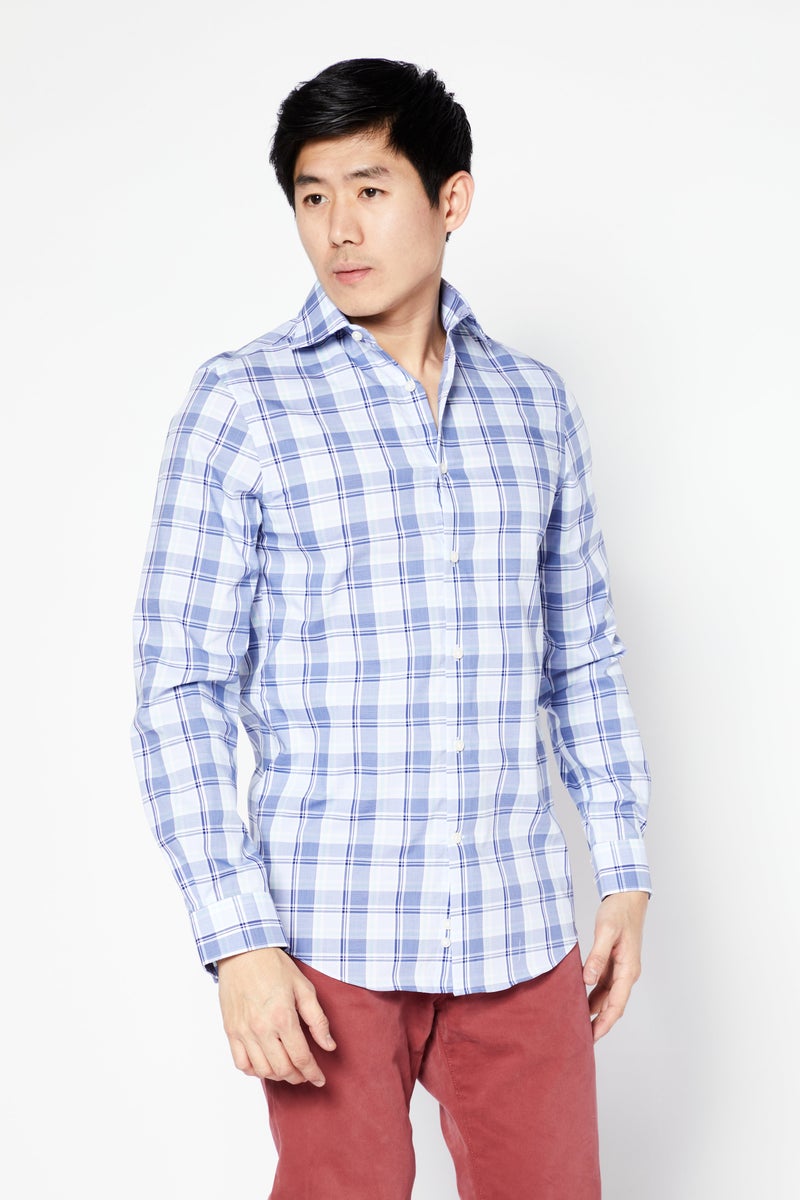 Men Regular Fit Long Sleeve Checkered Dress Shirt, Blue Combo