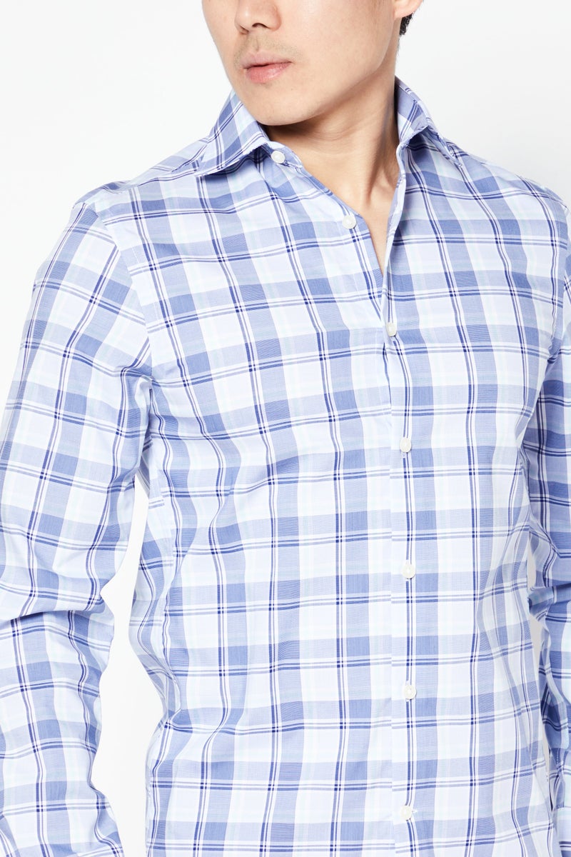 Men Regular Fit Long Sleeve Checkered Dress Shirt, Blue Combo