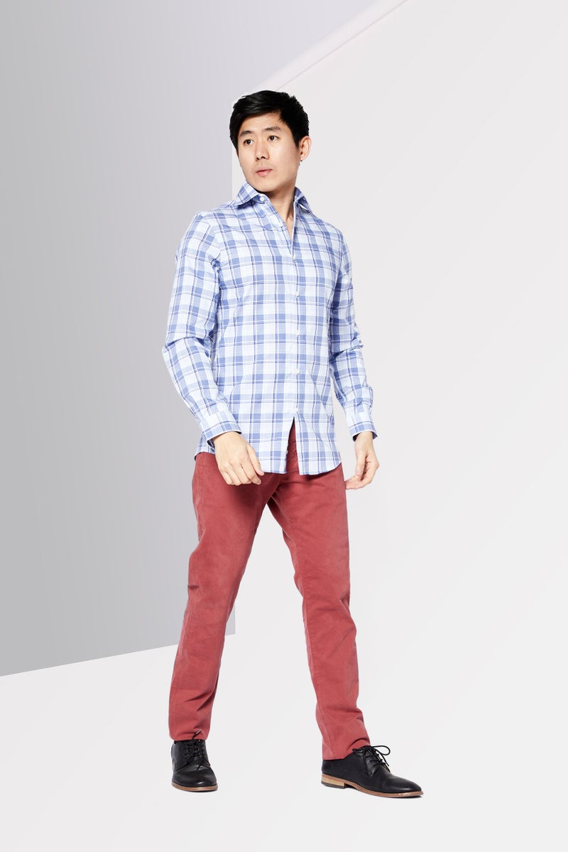 Men Regular Fit Long Sleeve Checkered Dress Shirt, Blue Combo