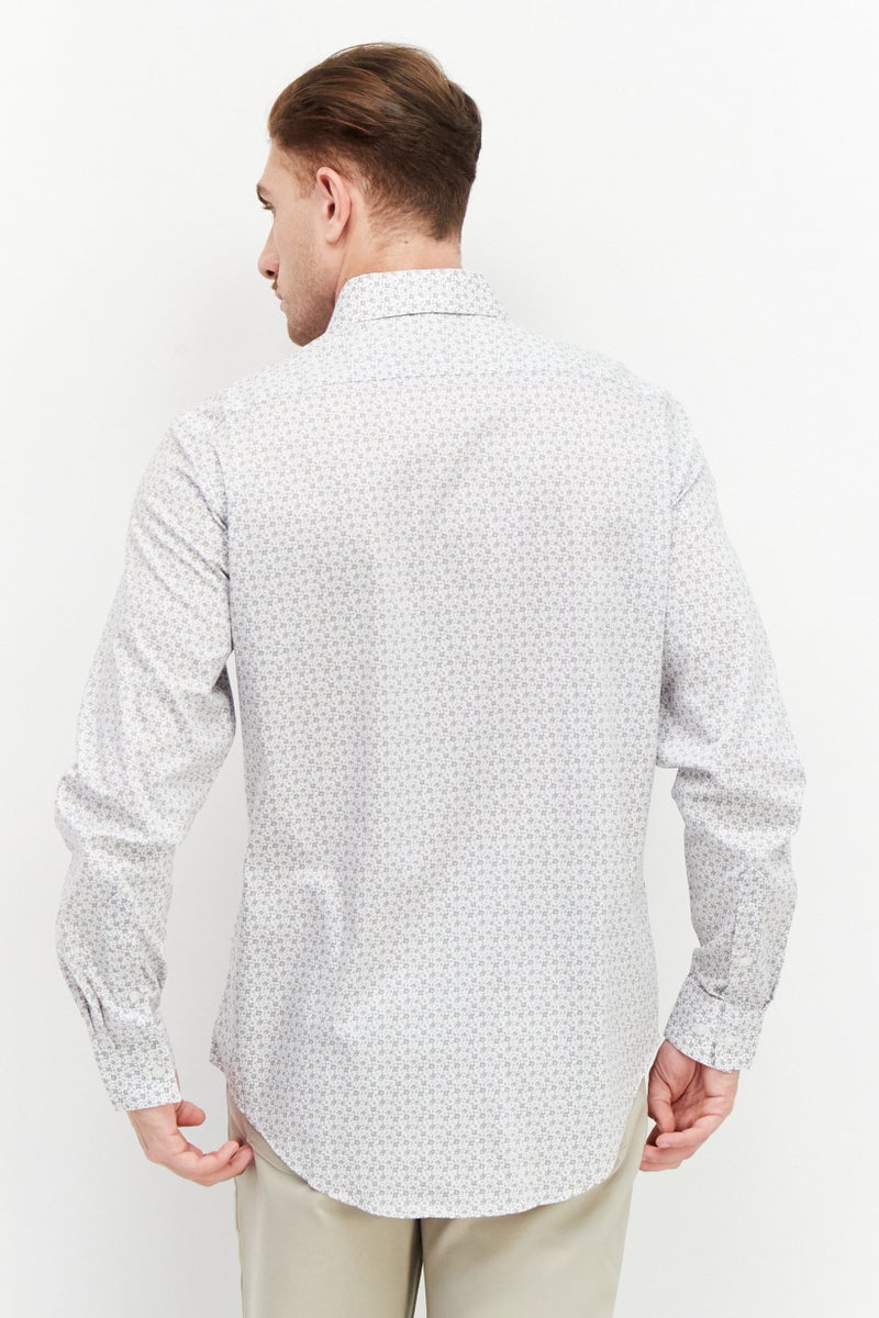 Men Slim Fit Long Sleeve Floral Pattern Dress Shirt, White Combo