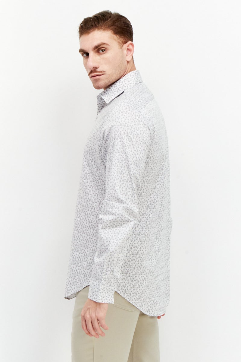 Men Slim Fit Long Sleeve Floral Pattern Dress Shirt, White Combo