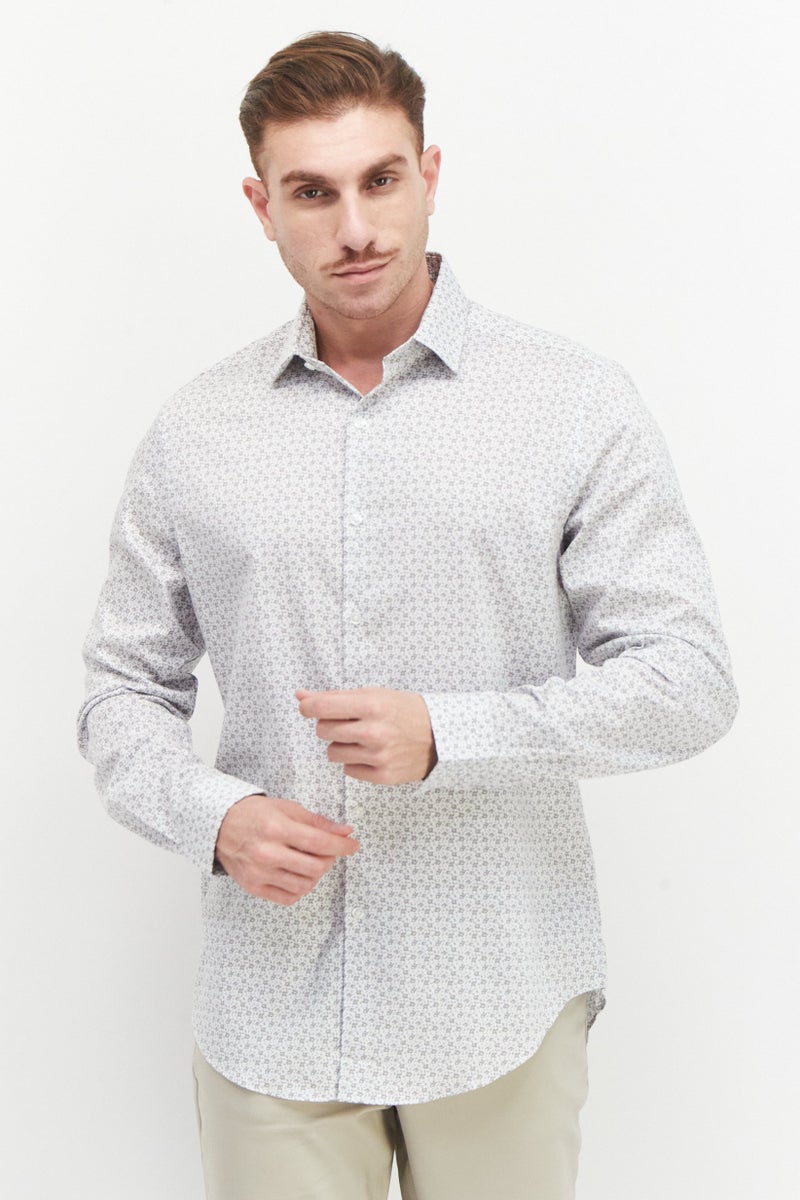 Men Slim Fit Long Sleeve Floral Pattern Dress Shirt, White Combo