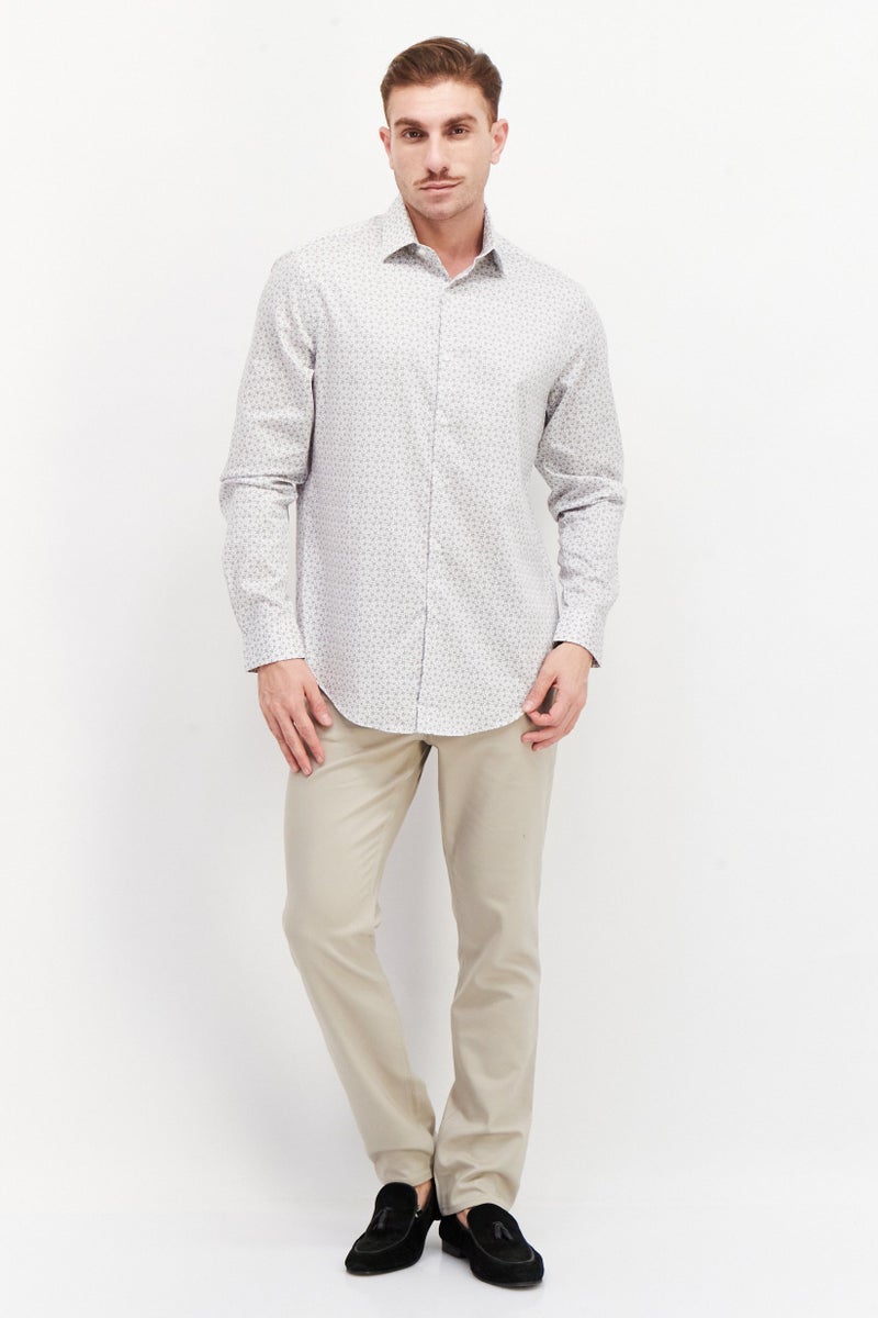 Men Slim Fit Long Sleeve Floral Pattern Dress Shirt, White Combo
