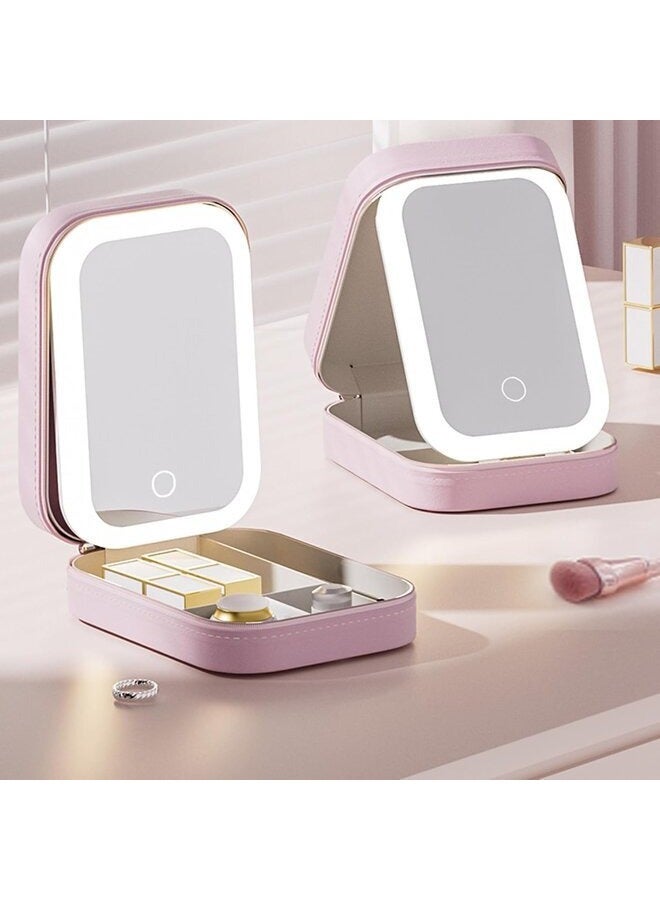 Portable Lighted Makeup Case with Mirror, LED Cosmetic Holder, Makeup Organizer, Cosmetic Storage Box, Dustproof, with Handle, Pink
