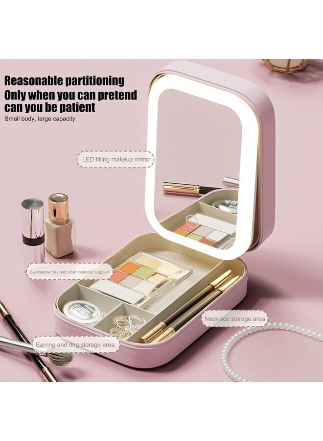 Portable Lighted Makeup Case with Mirror, LED Cosmetic Holder, Makeup Organizer, Cosmetic Storage Box, Dustproof, with Handle, Pink