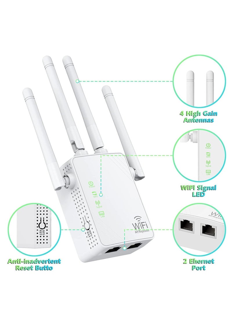 WiFi Signal Booster, 2.4G/300Mbps WiFi Extender, Cover Up to 5,000sq.ft, Support 40+ Devices, Wireless Internet Repeater with 4 Antennas and 2 Ethernet Port for Home and Office