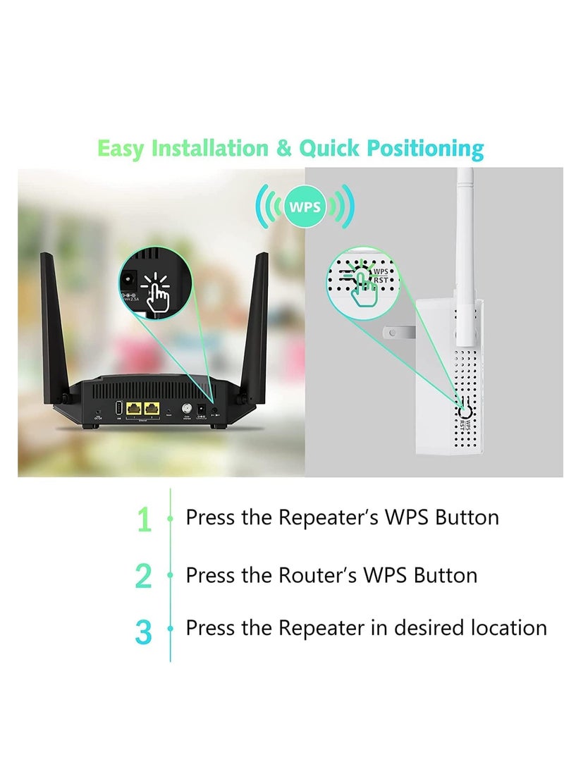 WiFi Signal Booster, 2.4G/300Mbps WiFi Extender, Cover Up to 5,000sq.ft, Support 40+ Devices, Wireless Internet Repeater with 4 Antennas and 2 Ethernet Port for Home and Office