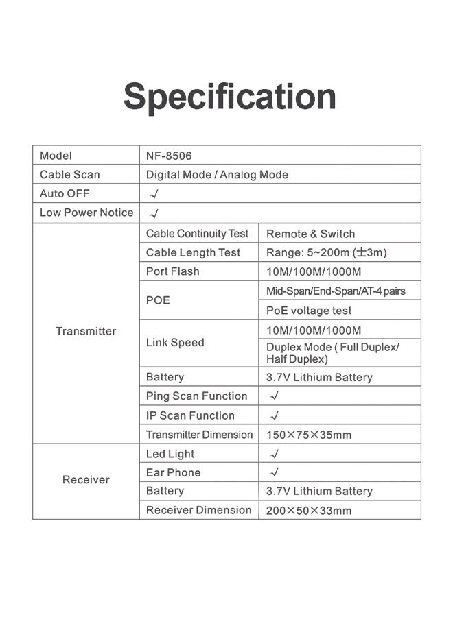 NOYAFA NF-8506 Network Cable Tester with IP Scan, TDR CAT5 CAT6 Ethernet Cable Tester, PoE PingTest, Network Rate Test, Port Flashing, Network Tester Cable Toner for RJ11 RJ45