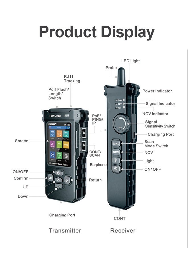 NOYAFA NF-8506 Network Cable Tester with IP Scan, TDR CAT5 CAT6 Ethernet Cable Tester, PoE PingTest, Network Rate Test, Port Flashing, Network Tester Cable Toner for RJ11 RJ45