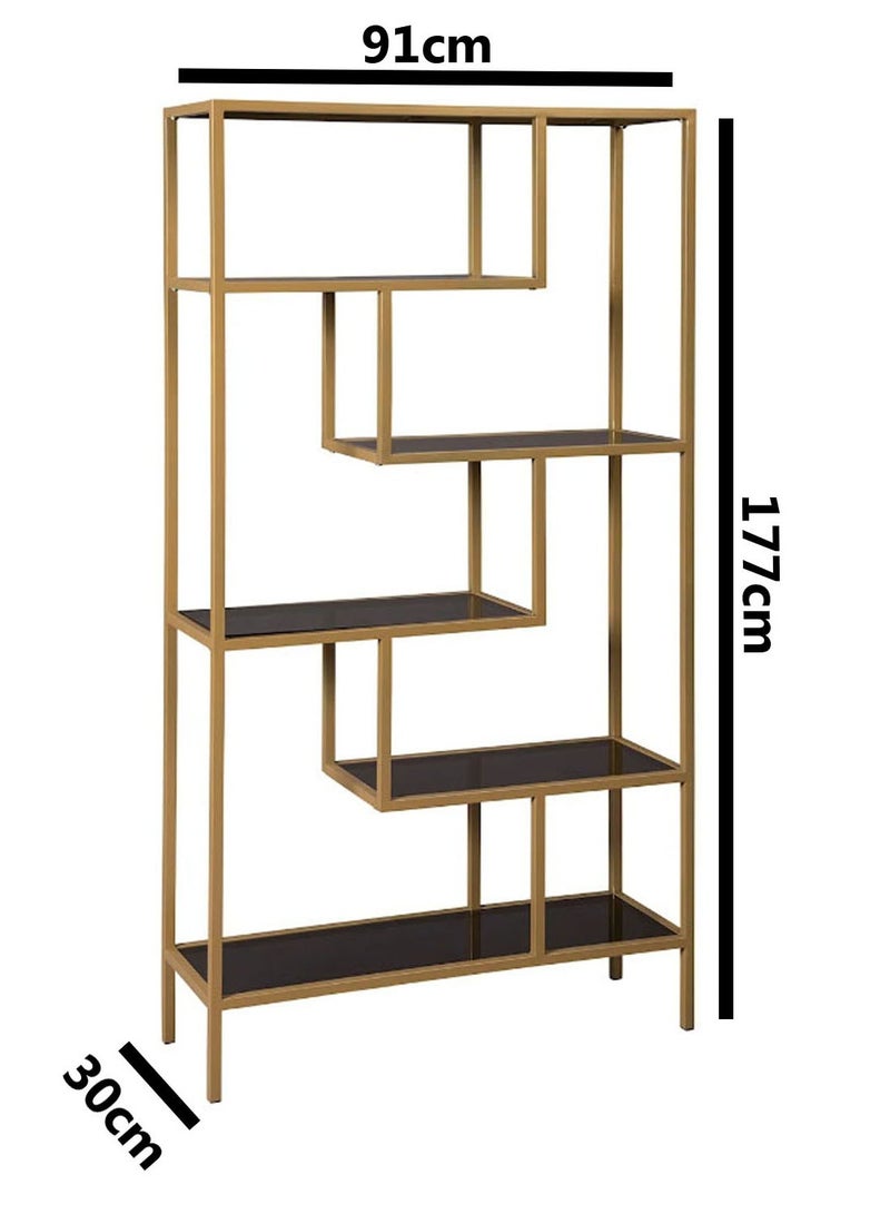 TOMSUN Metal Bookshelf Luxurious Gold Metal Frame Bookshelf with Black Glass Shelves 5 Tier Geometric Design Sturdy and Elegant Display Storage Unit Metal Bookcase