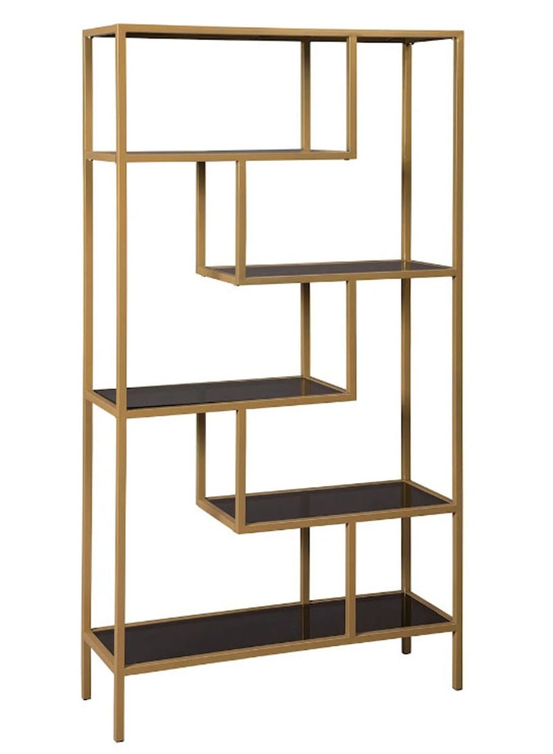 TOMSUN Metal Bookshelf Luxurious Gold Metal Frame Bookshelf with Black Glass Shelves 5 Tier Geometric Design Sturdy and Elegant Display Storage Unit Metal Bookcase