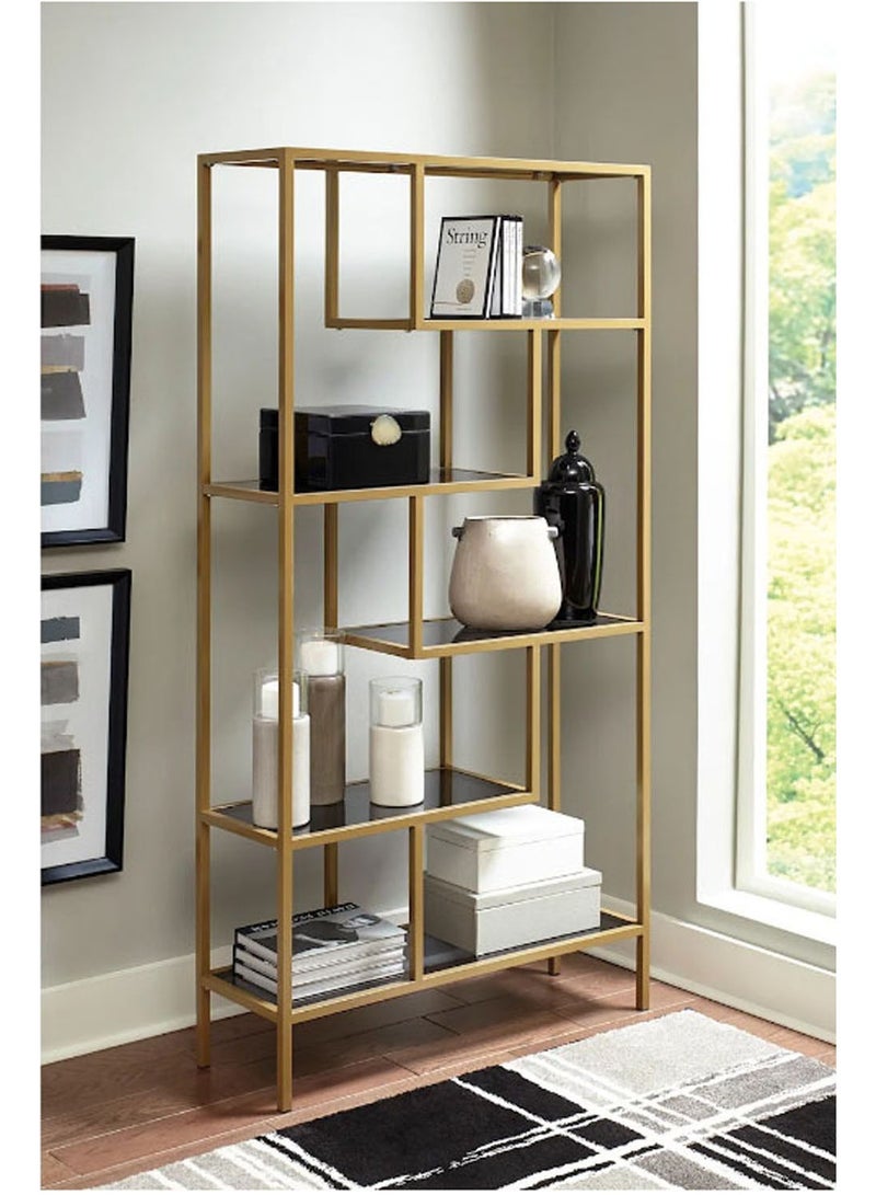 TOMSUN Metal Bookshelf Luxurious Gold Metal Frame Bookshelf with Black Glass Shelves 5 Tier Geometric Design Sturdy and Elegant Display Storage Unit Metal Bookcase