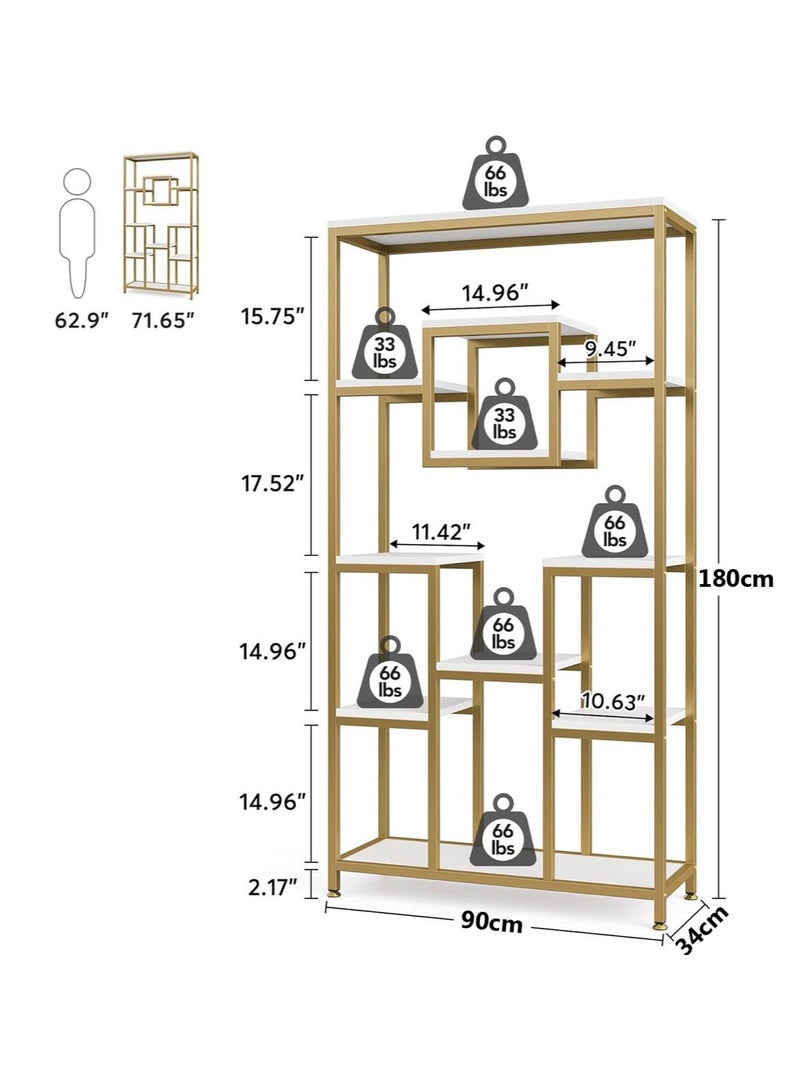 TOMSUN Modern Industrial Gold Bookshelf Freestanding Metal Frame with Marble Shelves 6 Tier Versatile Display For Bedroom Living Room Home Office Stylish Storage and Plant