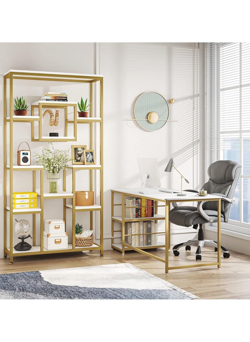 TOMSUN Modern Industrial Gold Bookshelf Freestanding Metal Frame with Marble Shelves 6 Tier Versatile Display For Bedroom Living Room Home Office Stylish Storage and Plant