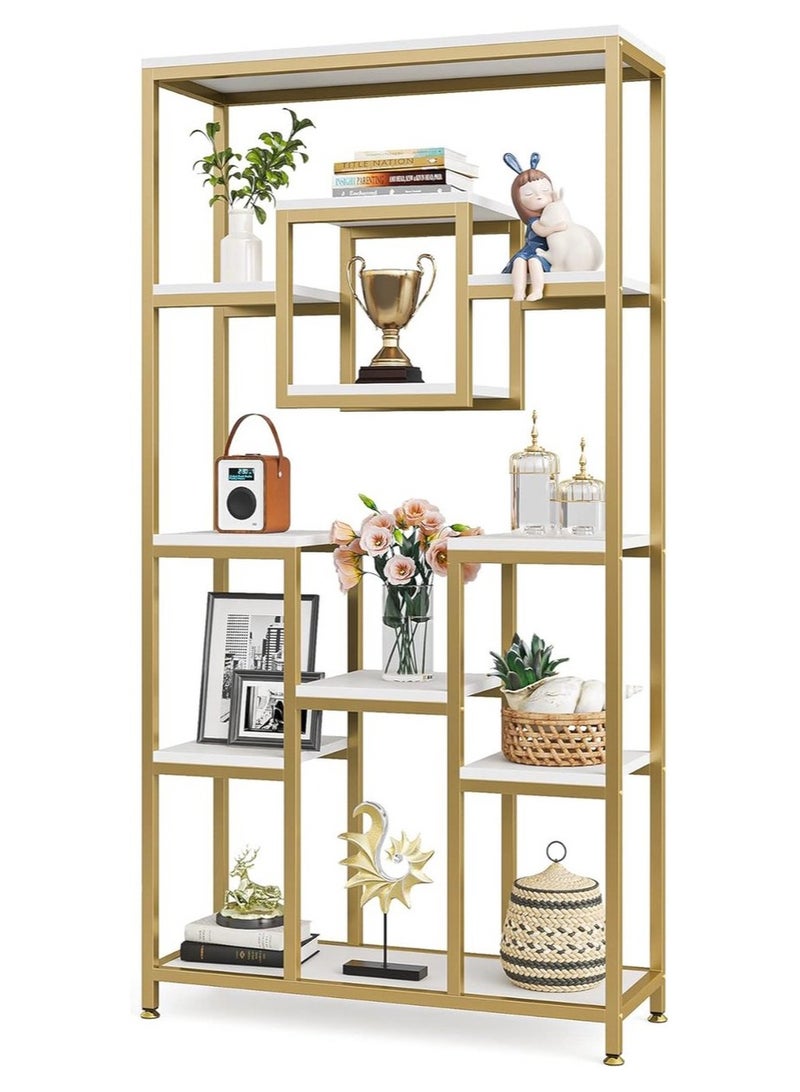 TOMSUN Modern Industrial Gold Bookshelf Freestanding Metal Frame with Marble Shelves 6 Tier Versatile Display For Bedroom Living Room Home Office Stylish Storage and Plant