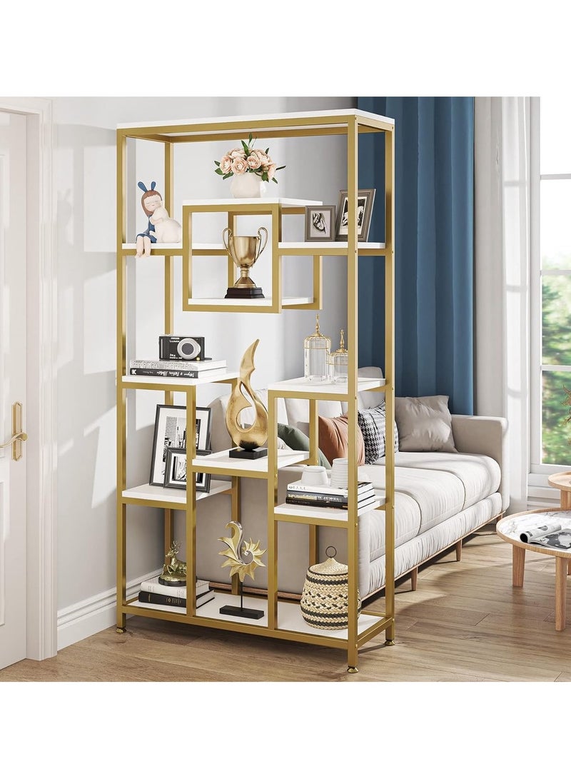 TOMSUN Modern Industrial Gold Bookshelf Freestanding Metal Frame with Marble Shelves 6 Tier Versatile Display For Bedroom Living Room Home Office Stylish Storage and Plant