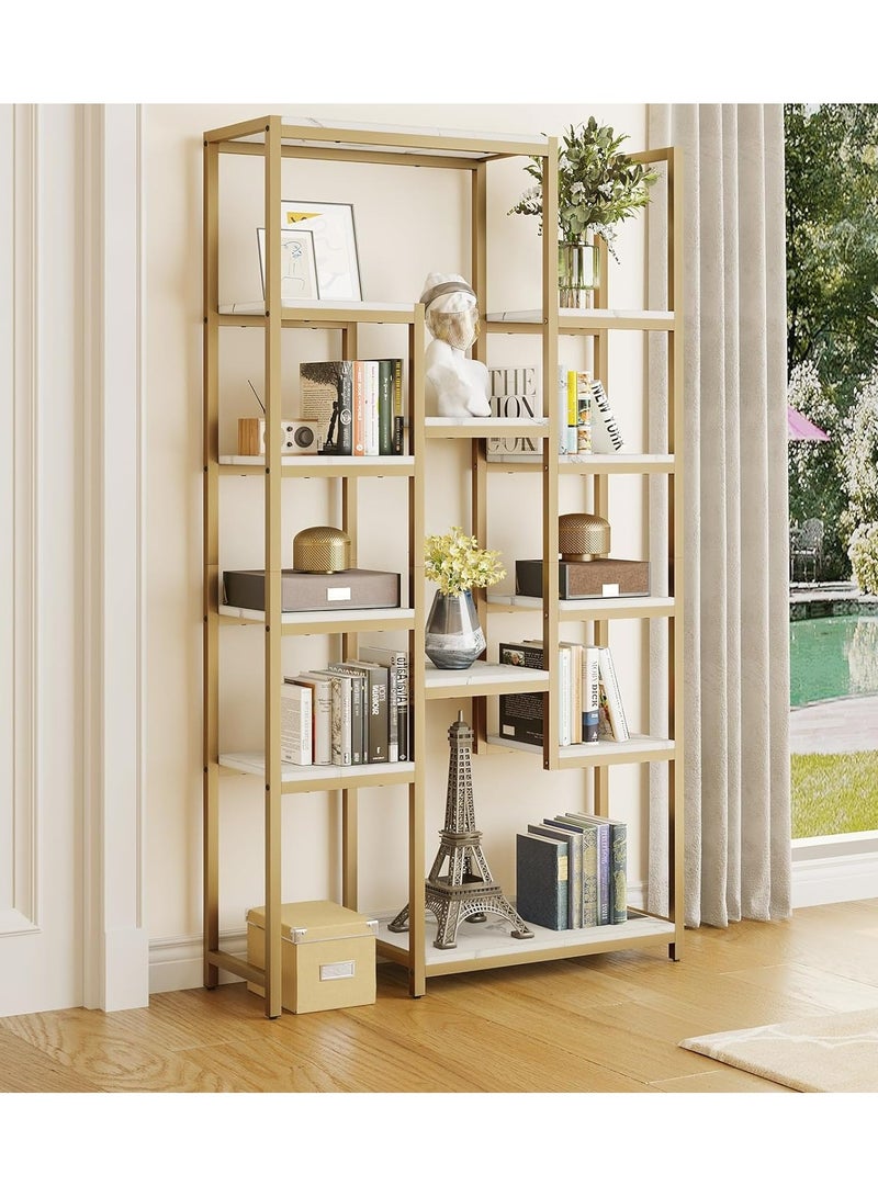 TOMSUN Gold Metal Bookshelf Metal Frame with Marble Shelves Versatile Display For Bedroom Living Room Home Office Stylish Storage and Plant Stand