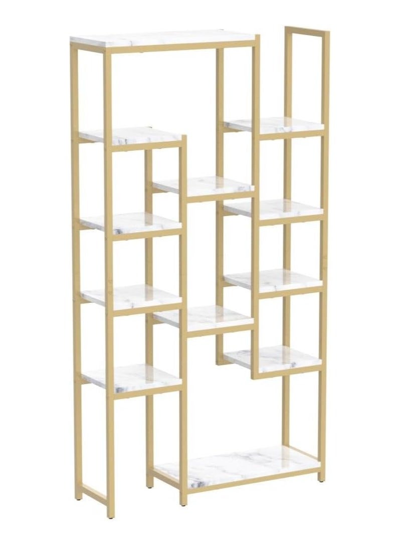 TOMSUN Gold Metal Bookshelf Metal Frame with Marble Shelves Versatile Display For Bedroom Living Room Home Office Stylish Storage and Plant Stand