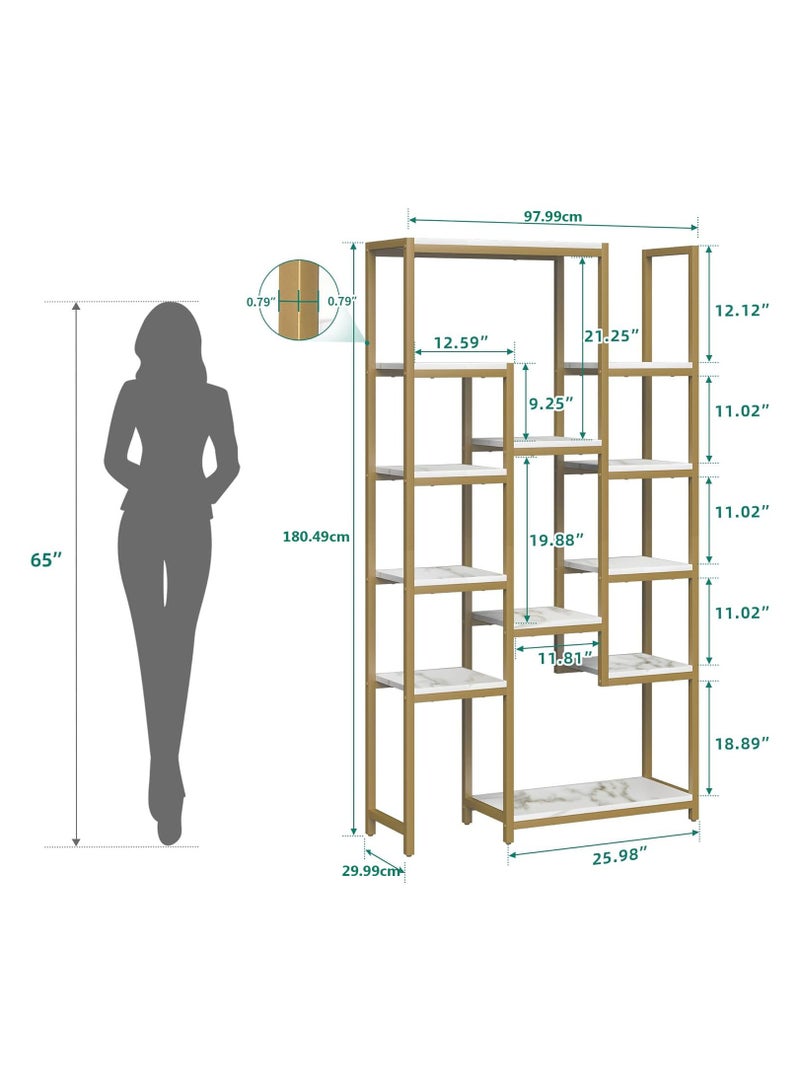 TOMSUN Gold Metal Bookshelf Metal Frame with Marble Shelves Versatile Display For Bedroom Living Room Home Office Stylish Storage and Plant Stand