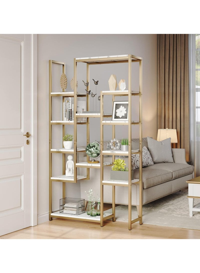 TOMSUN Gold Metal Bookshelf Metal Frame with Marble Shelves Versatile Display For Bedroom Living Room Home Office Stylish Storage and Plant Stand