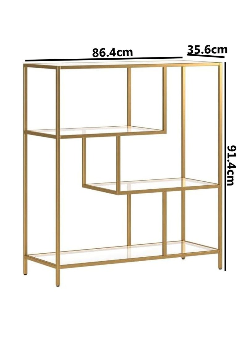 TOMSUN Metal Bookshelf With Clear Glass Shelf Metal Plant Stand Display Stand