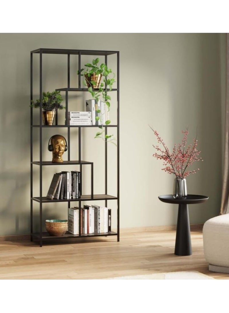 TOMSUN 6 Tier Bookcase with Glass Shelves Modern Design with Metal Frame Versatile Storage and Display Solution Ideal for Study Office Living Room Bedroom Kitchen