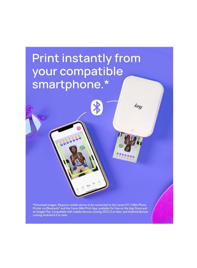 2 Mini Photo Printer, Print From Compatible iOS & Android Devices, Sticky-Back Prints, Pure White IVY