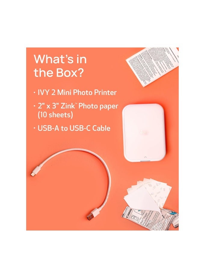 2 Mini Photo Printer, Print From Compatible iOS & Android Devices, Sticky-Back Prints, Pure White IVY