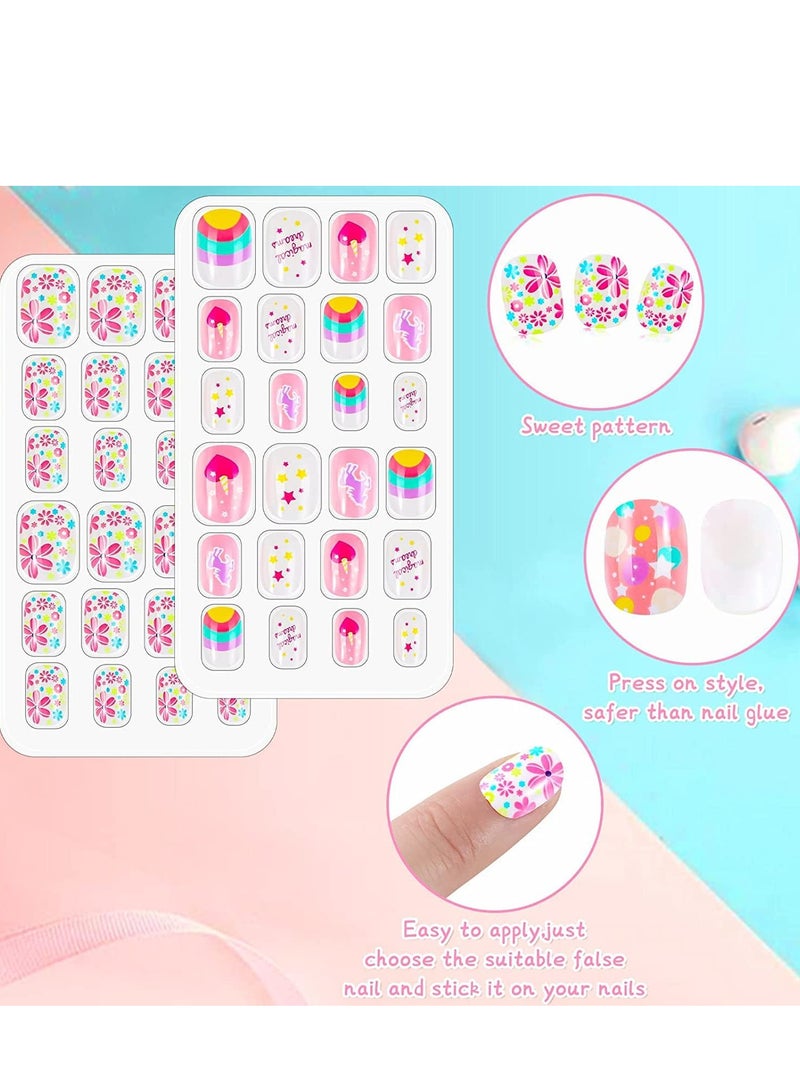 Kids False Nails, Children Press on Fake Tip Cartoon Full Cover Short Fingernail Artificial Tips Pre-glued Stickers for Girls Art Decoration (96 Pcs)