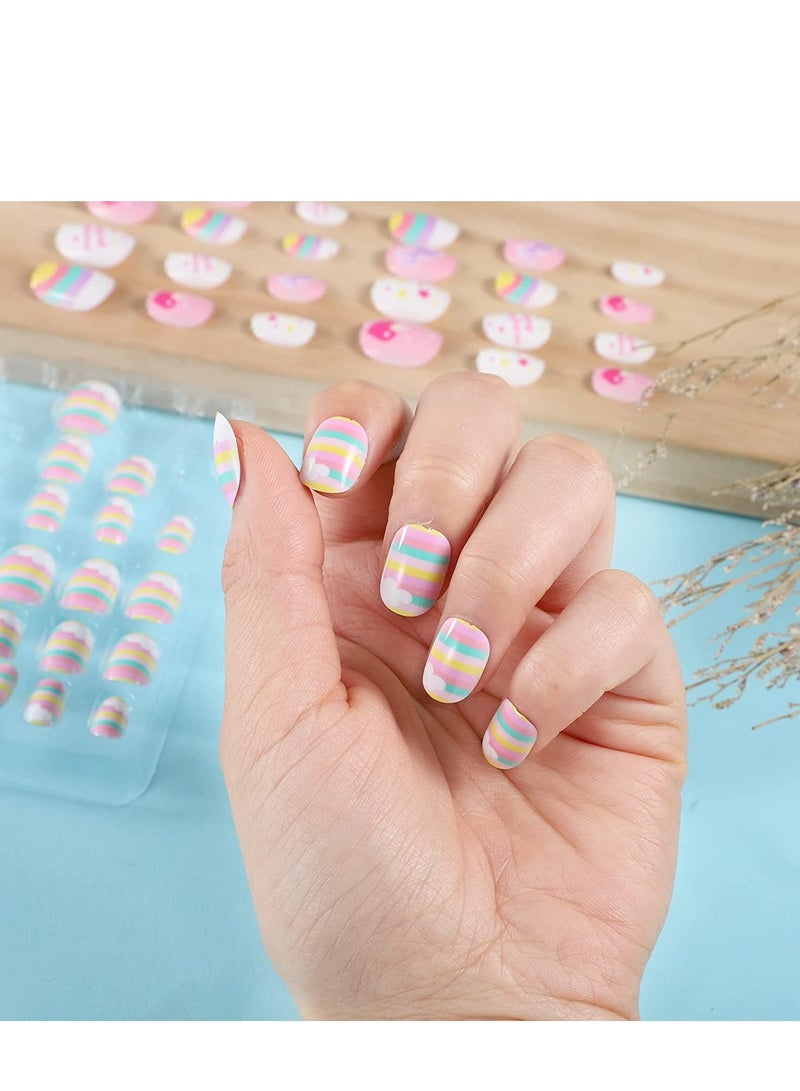 Kids False Nails, Children Press on Fake Tip Cartoon Full Cover Short Fingernail Artificial Tips Pre-glued Stickers for Girls Art Decoration (96 Pcs)