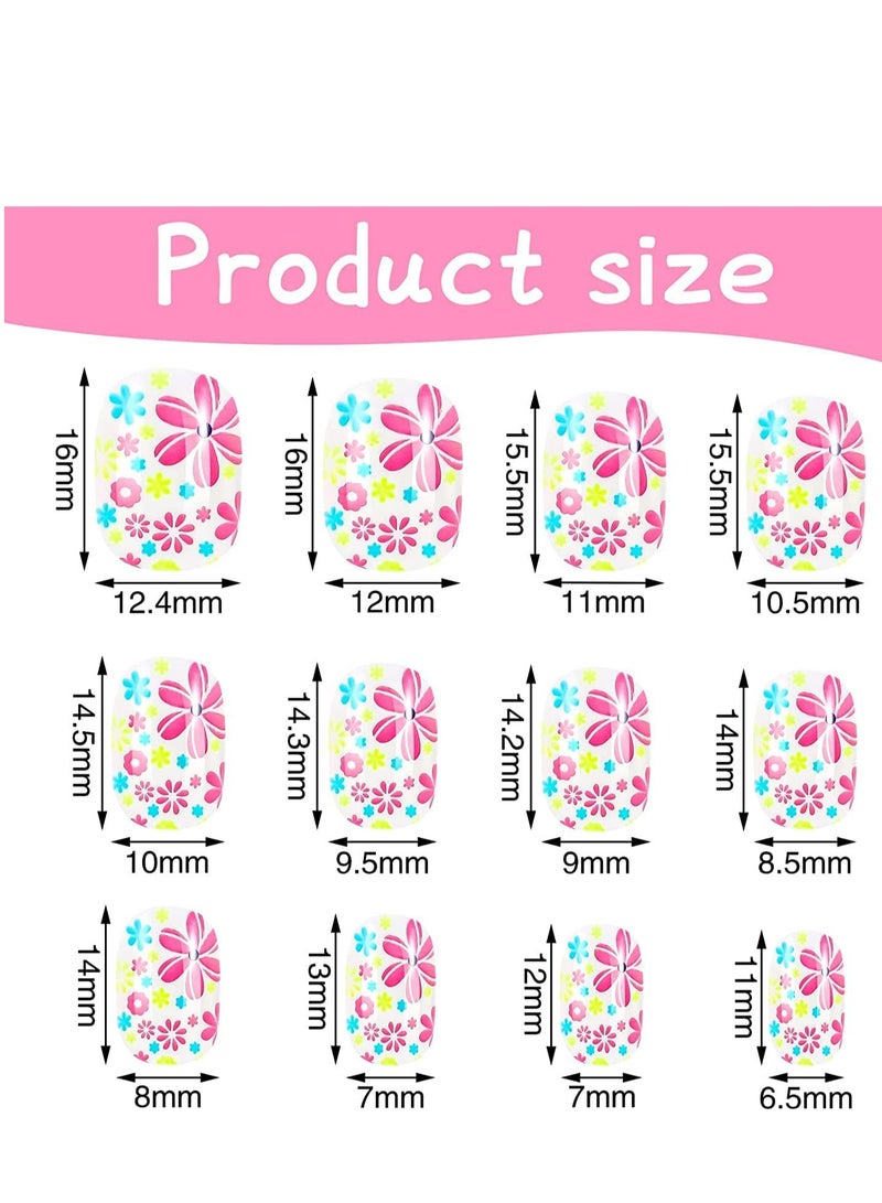 Kids False Nails, Children Press on Fake Tip Cartoon Full Cover Short Fingernail Artificial Tips Pre-glued Stickers for Girls Art Decoration (96 Pcs)