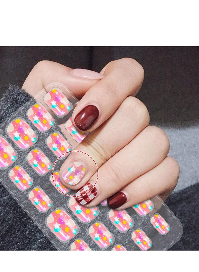 Kids False Nails, Children Press on Fake Tip Cartoon Full Cover Short Fingernail Artificial Tips Pre-glued Stickers for Girls Art Decoration (96 Pcs)