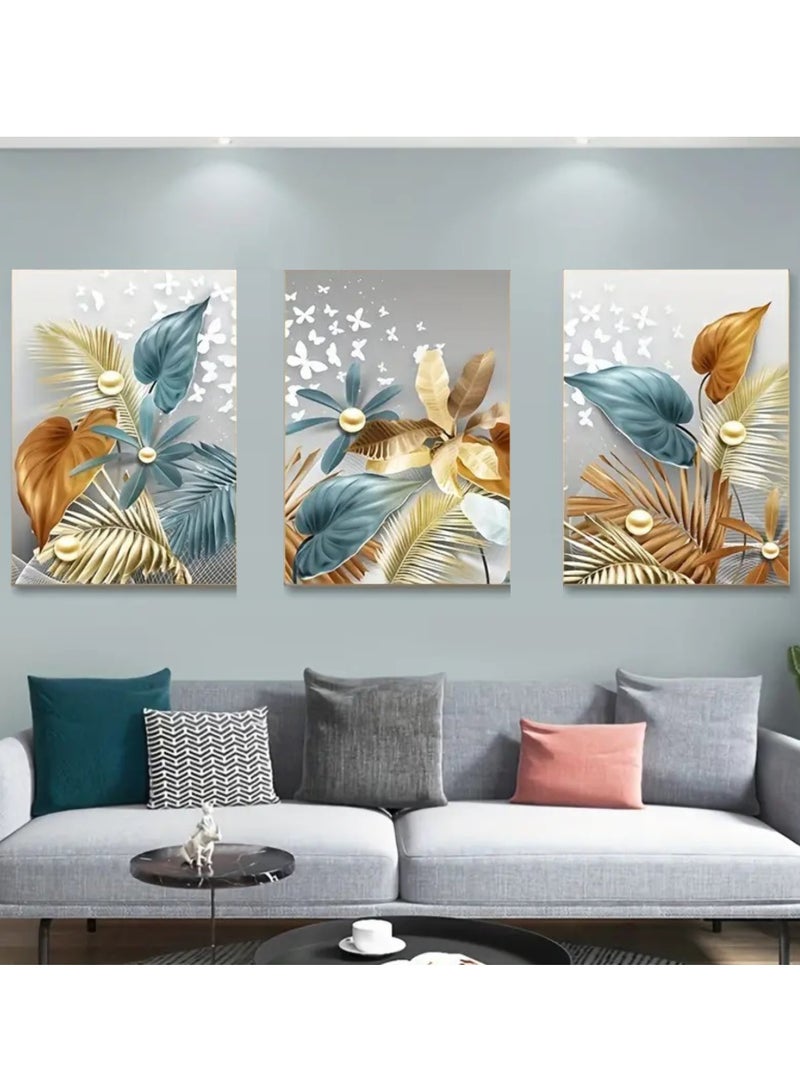 Set Of 3 Framed Canvas Wall Arts, Abstract Wall Art Butterfly Pearl Canvas Prints Art Canvas Painting for Home Decoration