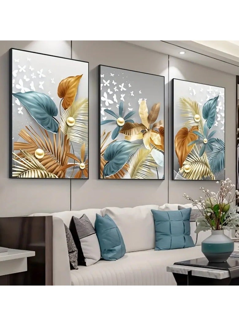Set Of 3 Framed Canvas Wall Arts, Abstract Wall Art Butterfly Pearl Canvas Prints Art Canvas Painting for Home Decoration