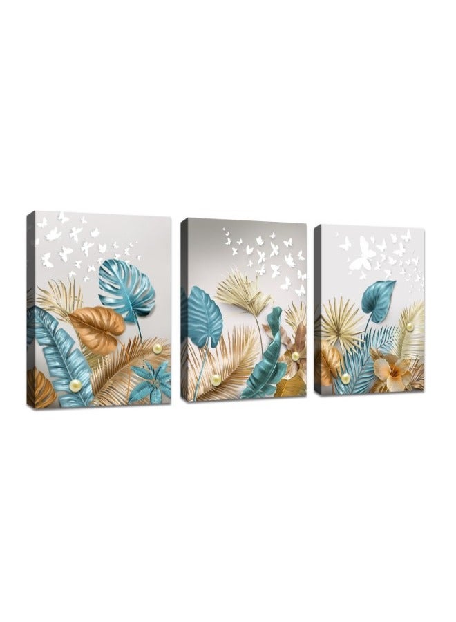 3 Panels Framed Canvas Wall Art Botanical Tropical Leaves Canvas Painting, Picture Printed Poster White Butterfly Pearl Canvas Prints For Home Living Room Office Decor