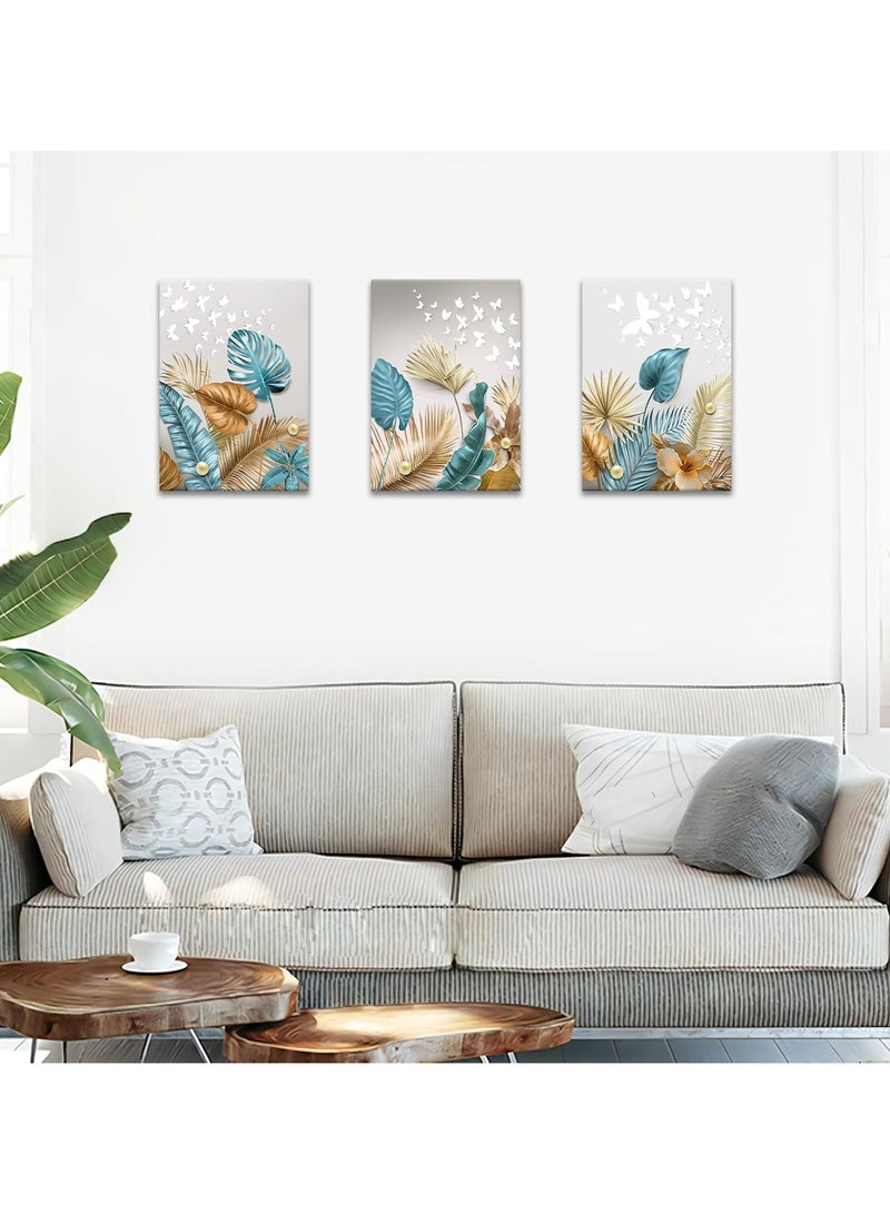 3 Panels Framed Canvas Wall Art Botanical Tropical Leaves Canvas Painting, Picture Printed Poster White Butterfly Pearl Canvas Prints For Home Living Room Office Decor