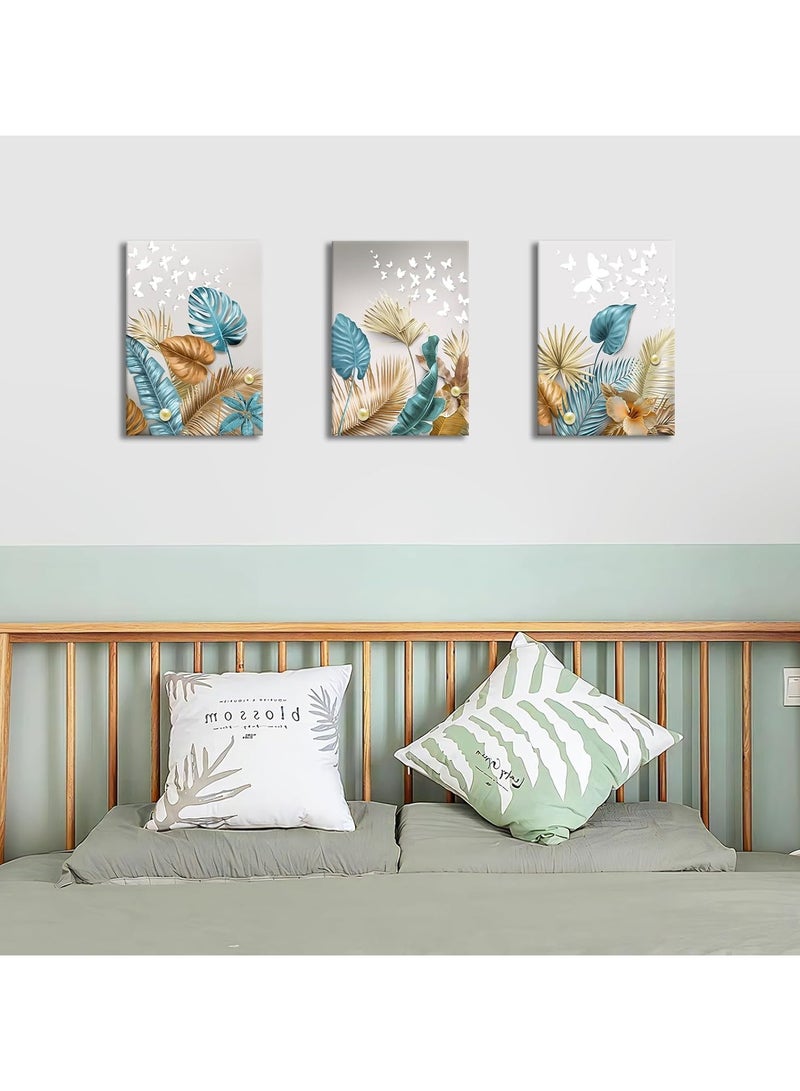 3 Panels Framed Canvas Wall Art Botanical Tropical Leaves Canvas Painting, Picture Printed Poster White Butterfly Pearl Canvas Prints For Home Living Room Office Decor